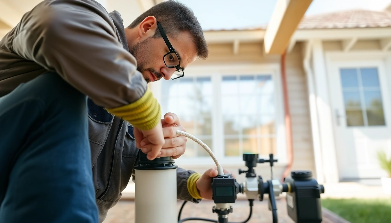 Technician performing termite reticulation system refills, showcasing equipment and setup.