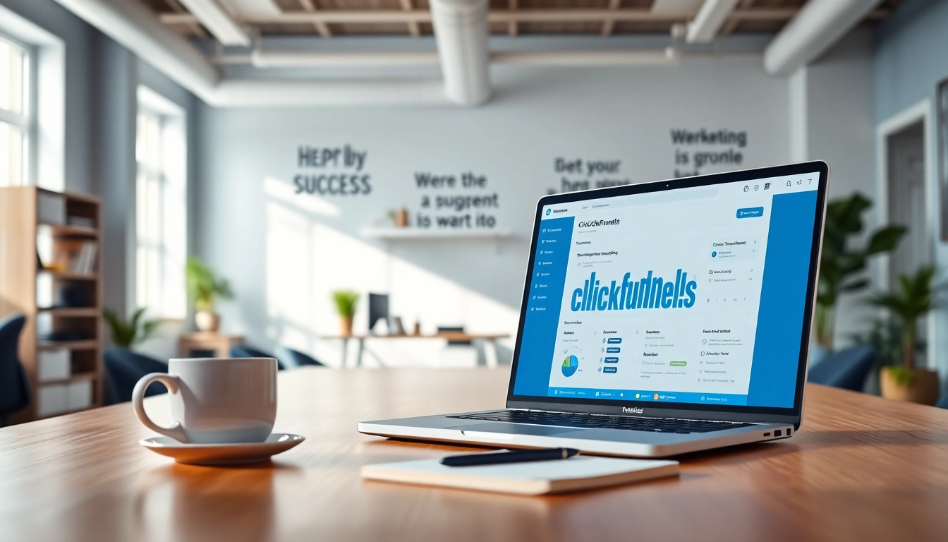 Enhance your marketing strategy with ClickFunnels dashboard in a bright office setting.