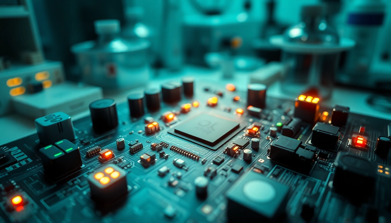 Visualizing advanced dma firmware on an electronic circuit board in a high-tech lab.