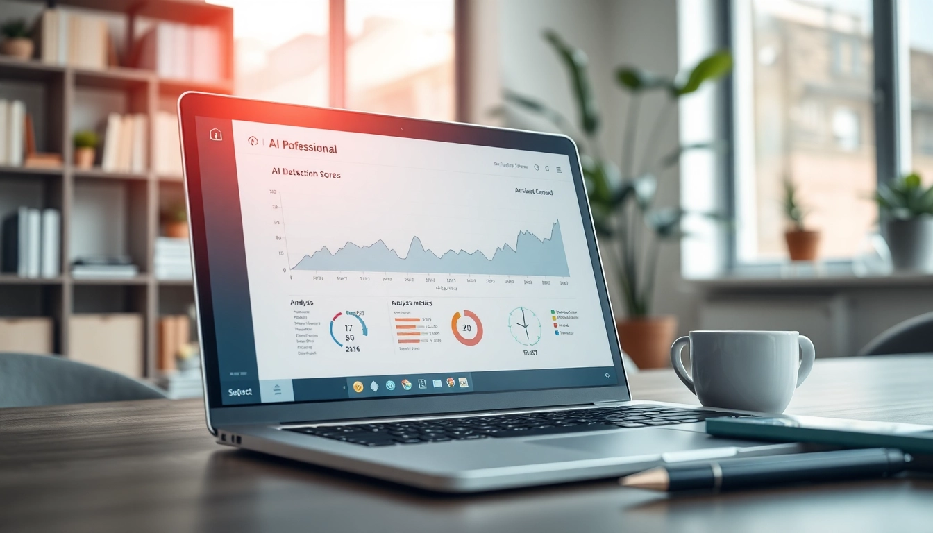 Analyze text with the AI detector displayed on a modern laptop in a bright office.