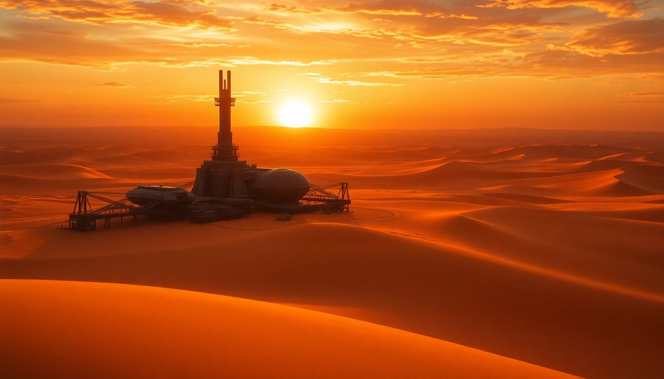 Dune 2 game landscape with futuristic base under a dramatic sunset, highlighting its strategic essence.