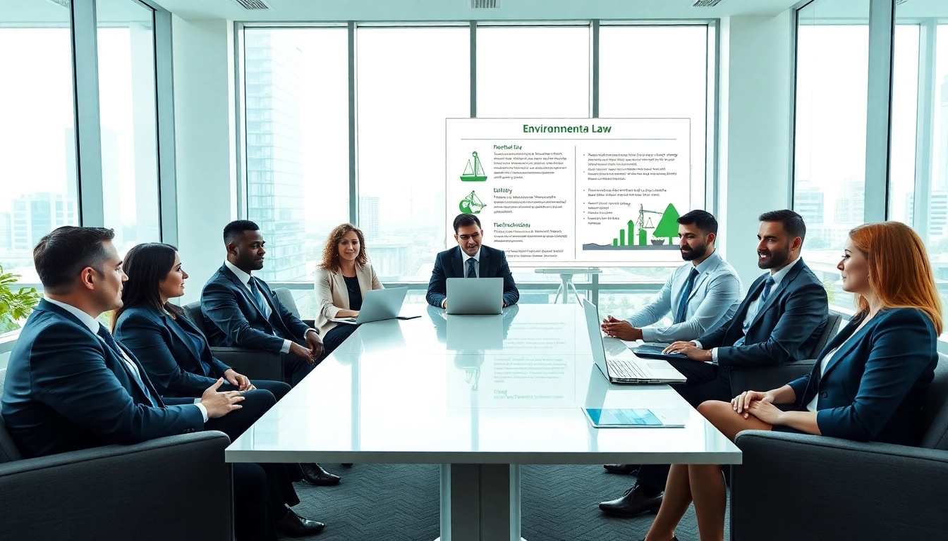 Environmental law firm professionals collaborate in a bright office environment.