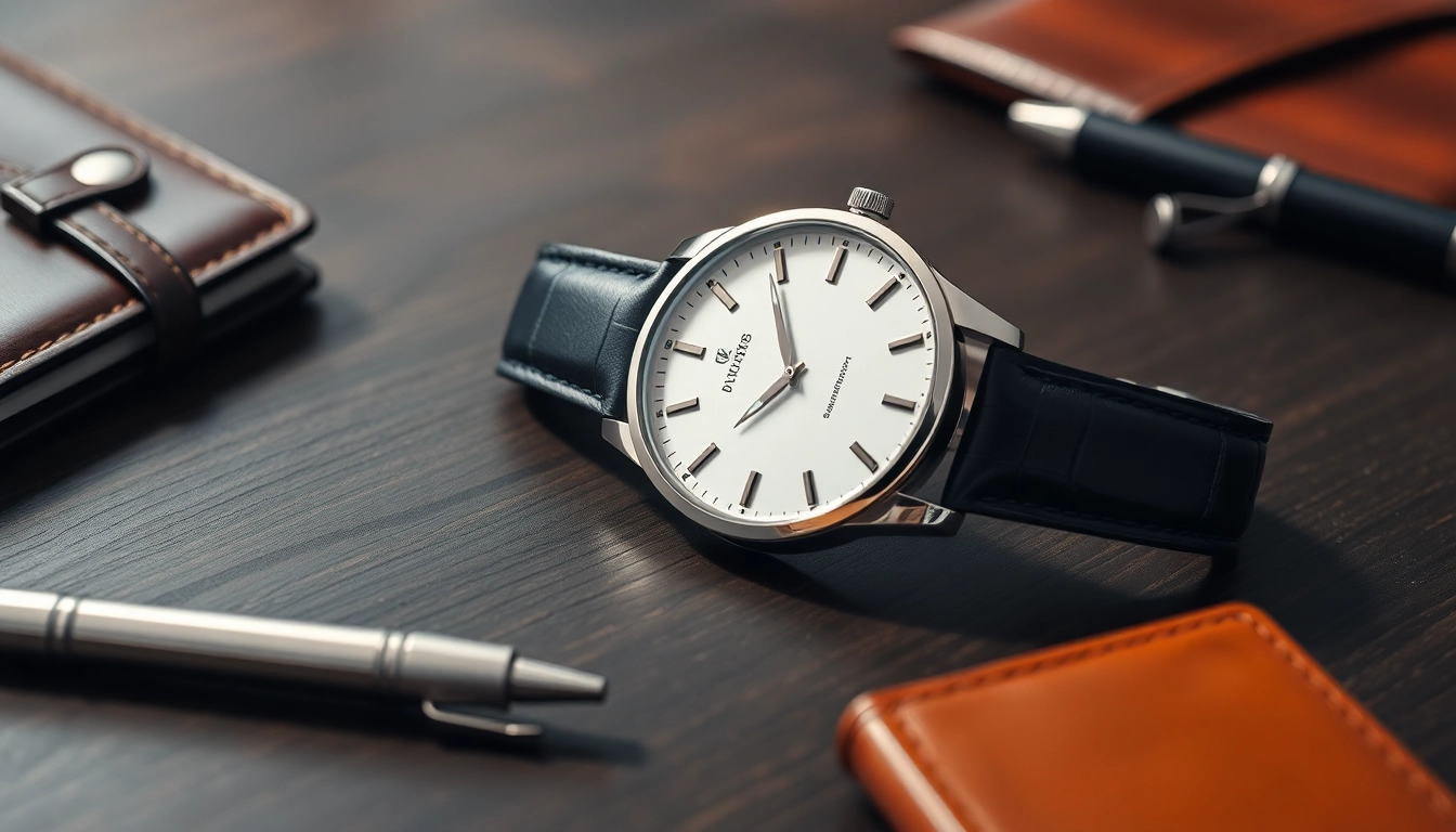 Herren Armbanduhr, in eleganter Anordnung mit minimalistischen Accessoires und natürlichem Licht.