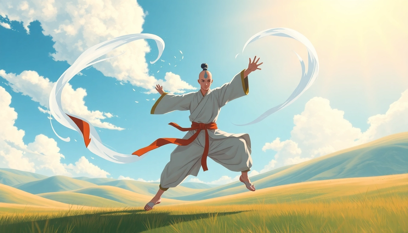 AirBend practitioner manipulating air currents in a serene landscape.