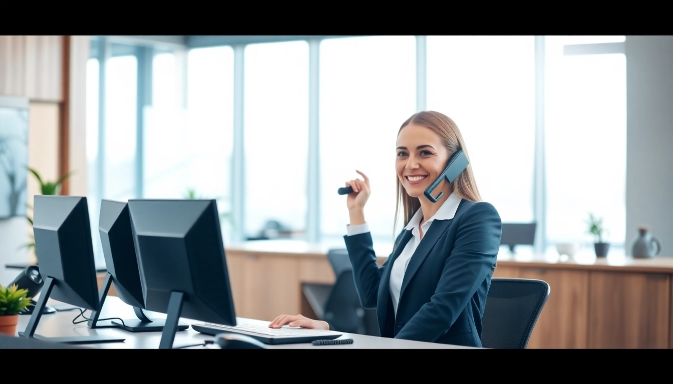 Receptionist professionally managing phone answering calls in a modern office.