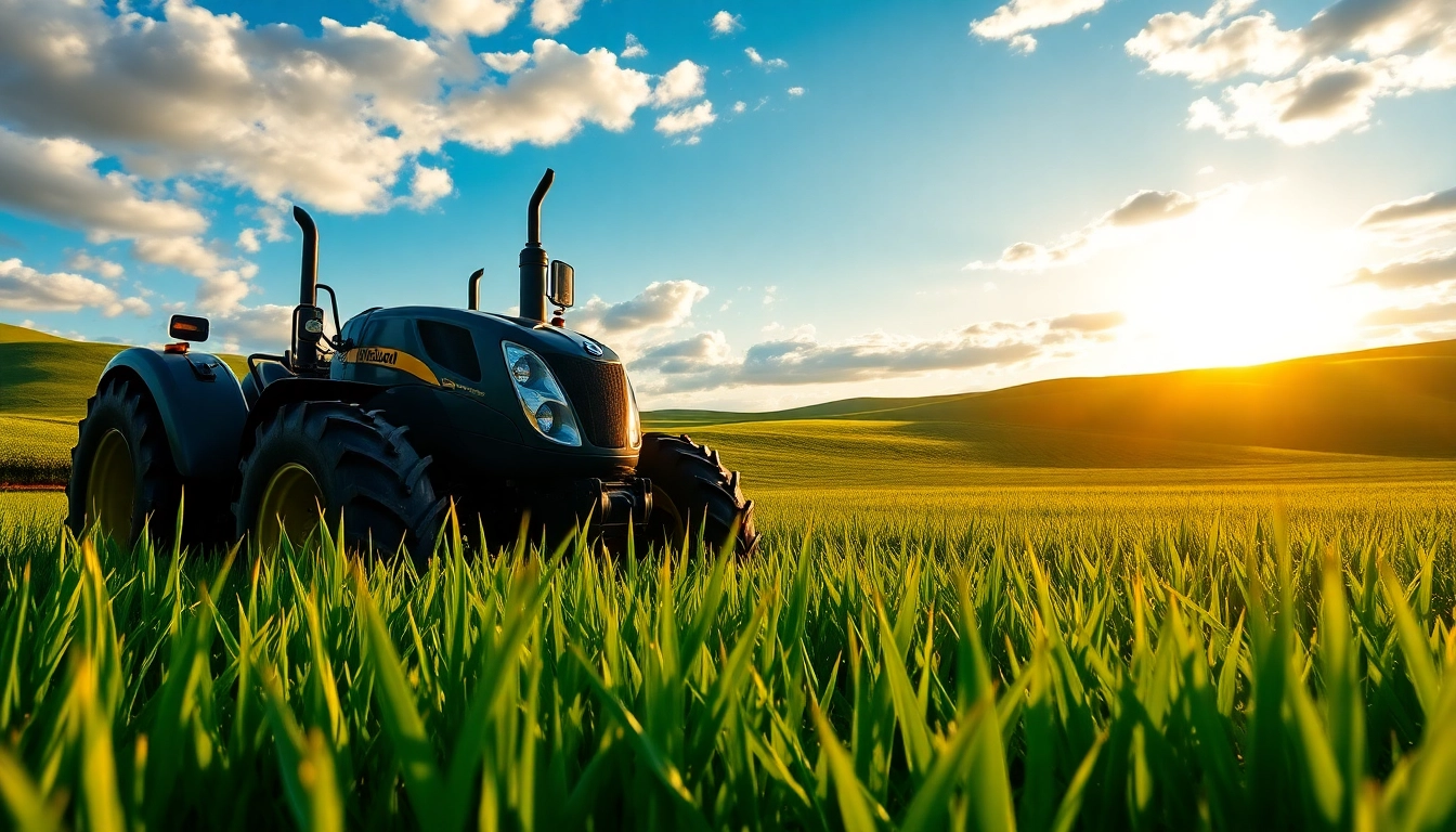 New Holland Traktor in einem saftigen, grünen Feld unter goldenem Licht, der Effizienz symbolisiert.