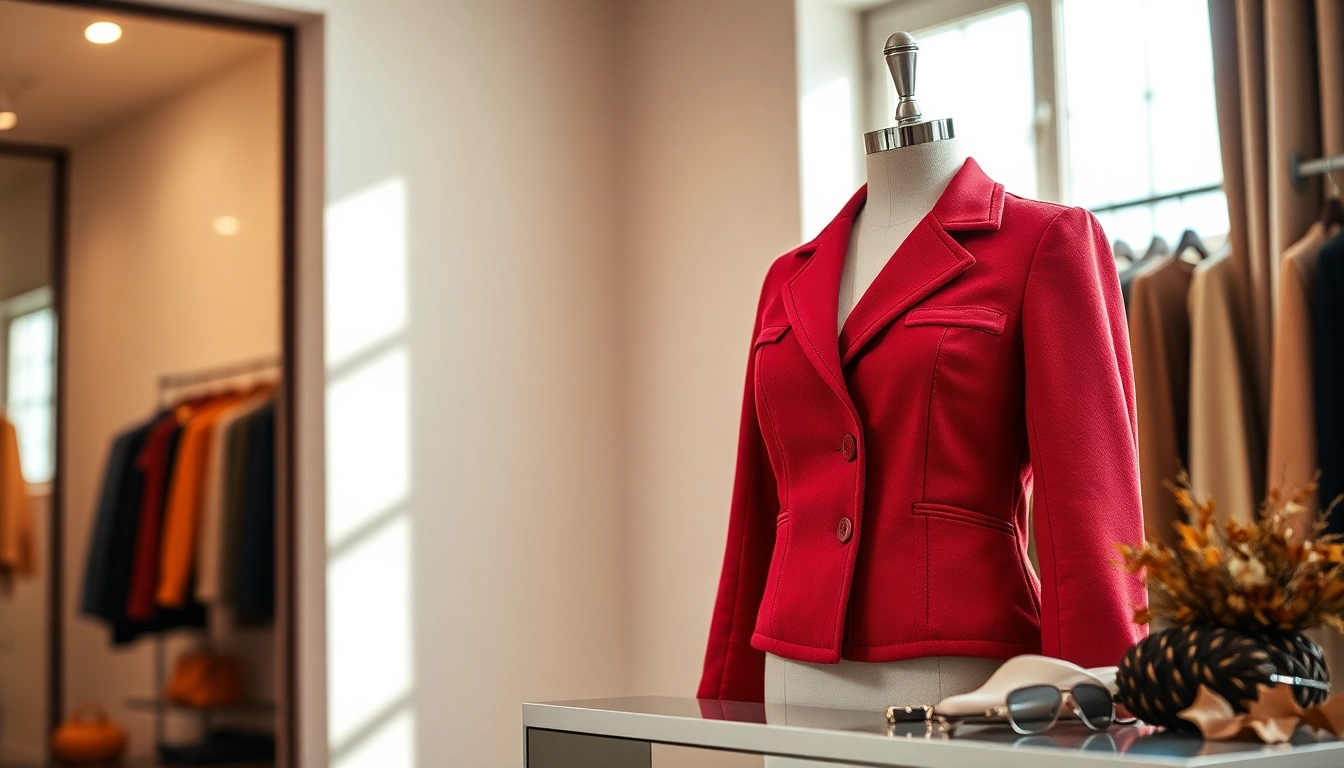 Showcase of a stylish jacket women against a chic boutique backdrop emphasizing elegance and detail.