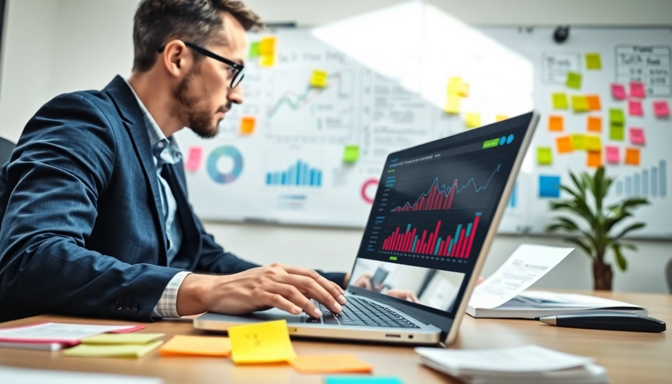 Analyze ai prompts for competitor analysis with an individual using a laptop surrounded by data visuals.