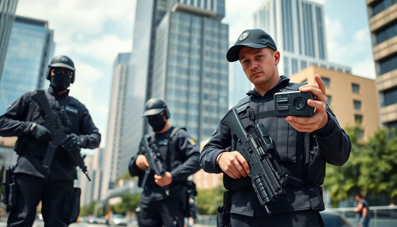Two armed security guards standing protectively in an urban environment, showcasing vigilance and professionalism.
