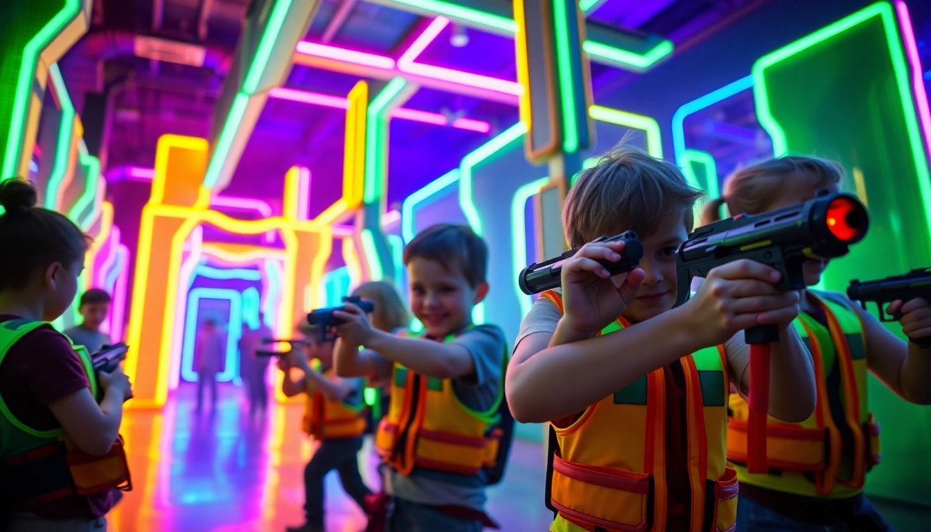 Exciting laser tag gameplay scene featuring participants in a vibrant arena with neon lights.