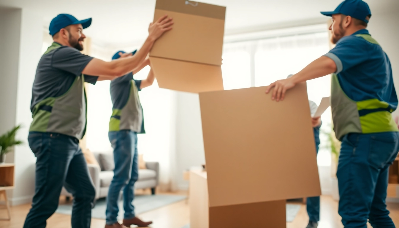 Movers calgary lifting heavy box showcasing teamwork and professionalism in a bright living room.