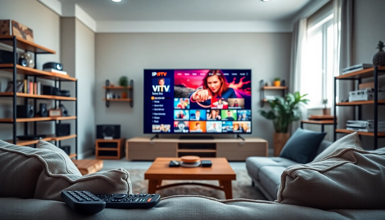 Comprar IPTV en una sala de estar cómoda con una pantalla grande mostrando canales vibrantes.