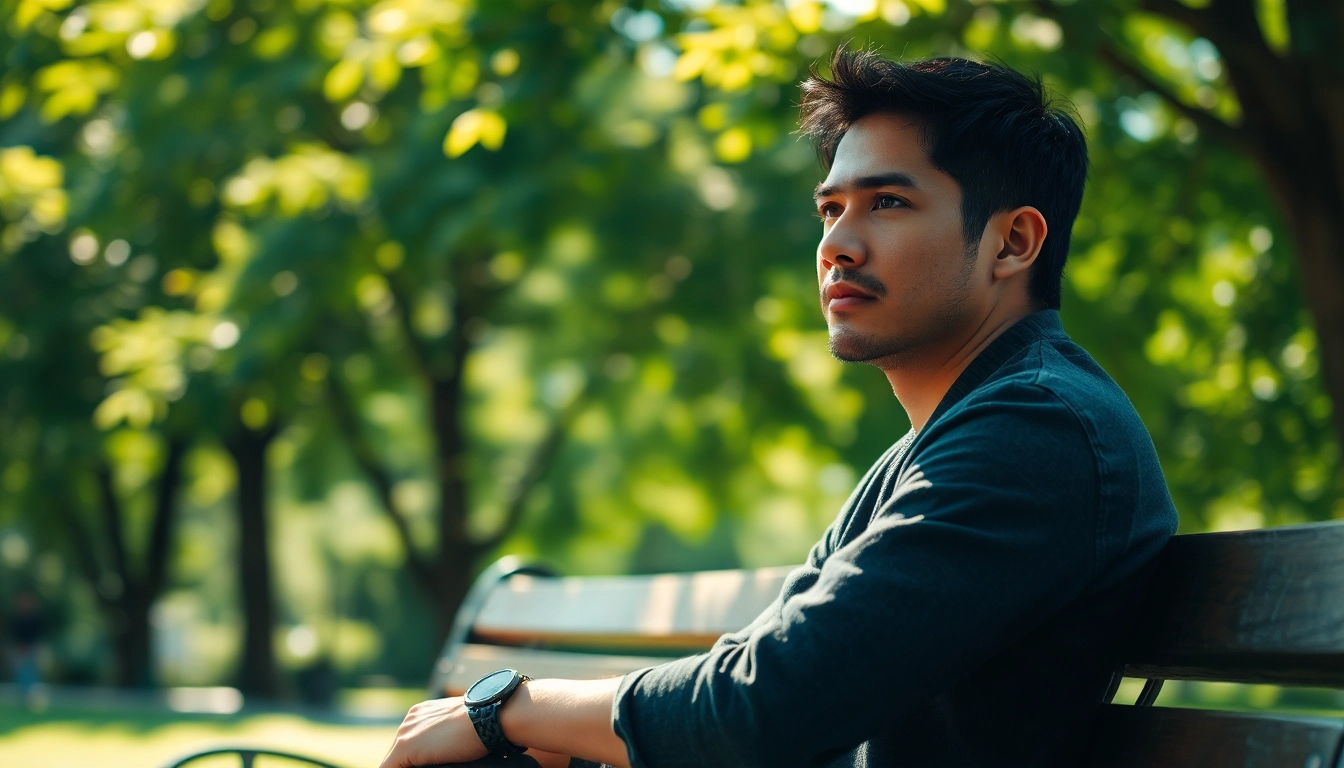 Person reflecting on dealing with depression amid nature, showcasing a calm and thoughtful expression.