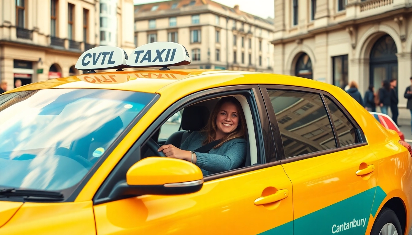 Engaging scene of student taxi Canterbury welcoming students with a friendly driver in a vibrant environment.