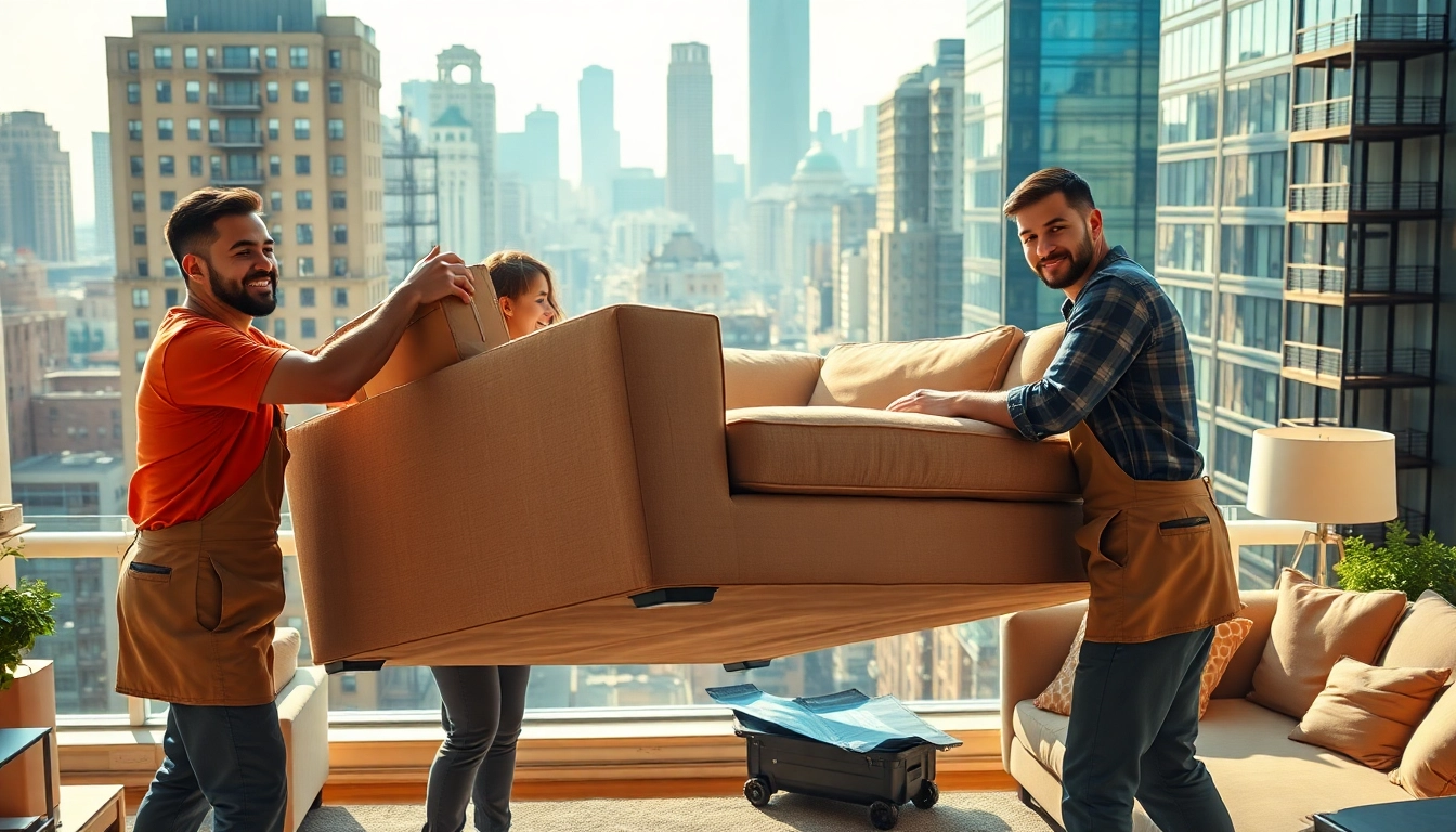 Movers nyc working efficiently in a New York City apartment with skyline backdrop.