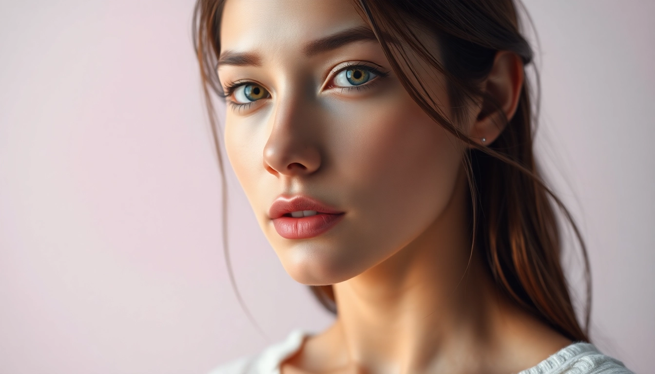 Showcasing portrait retouching services with flawless skin and vibrant colors in a studio.