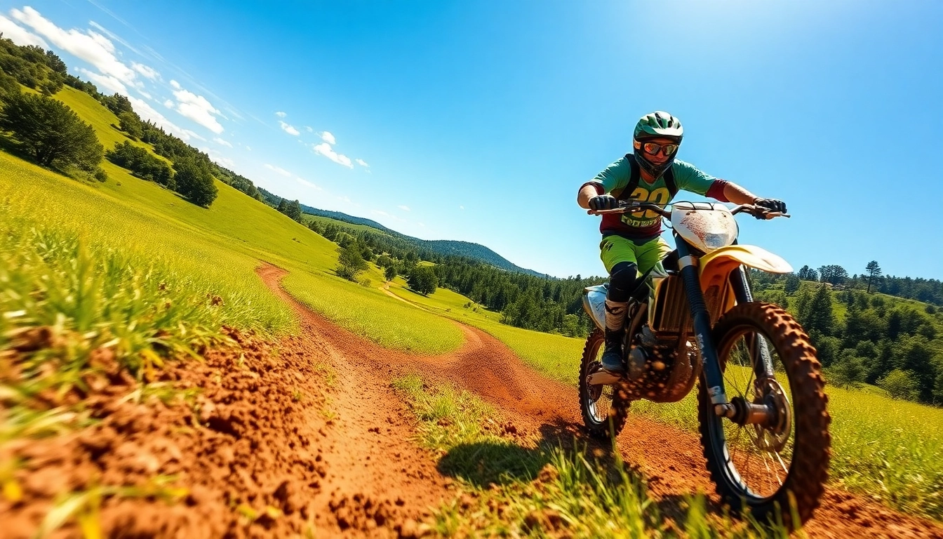 Action shot of a rider on dirtbike trails near me, navigating through lush greenery.