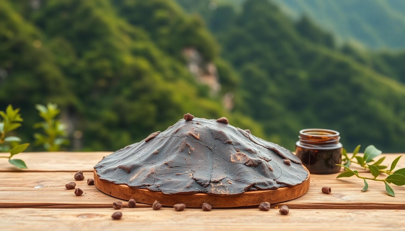 Buy Shilajit Australia with premium quality shown on wooden table amidst lush greenery.