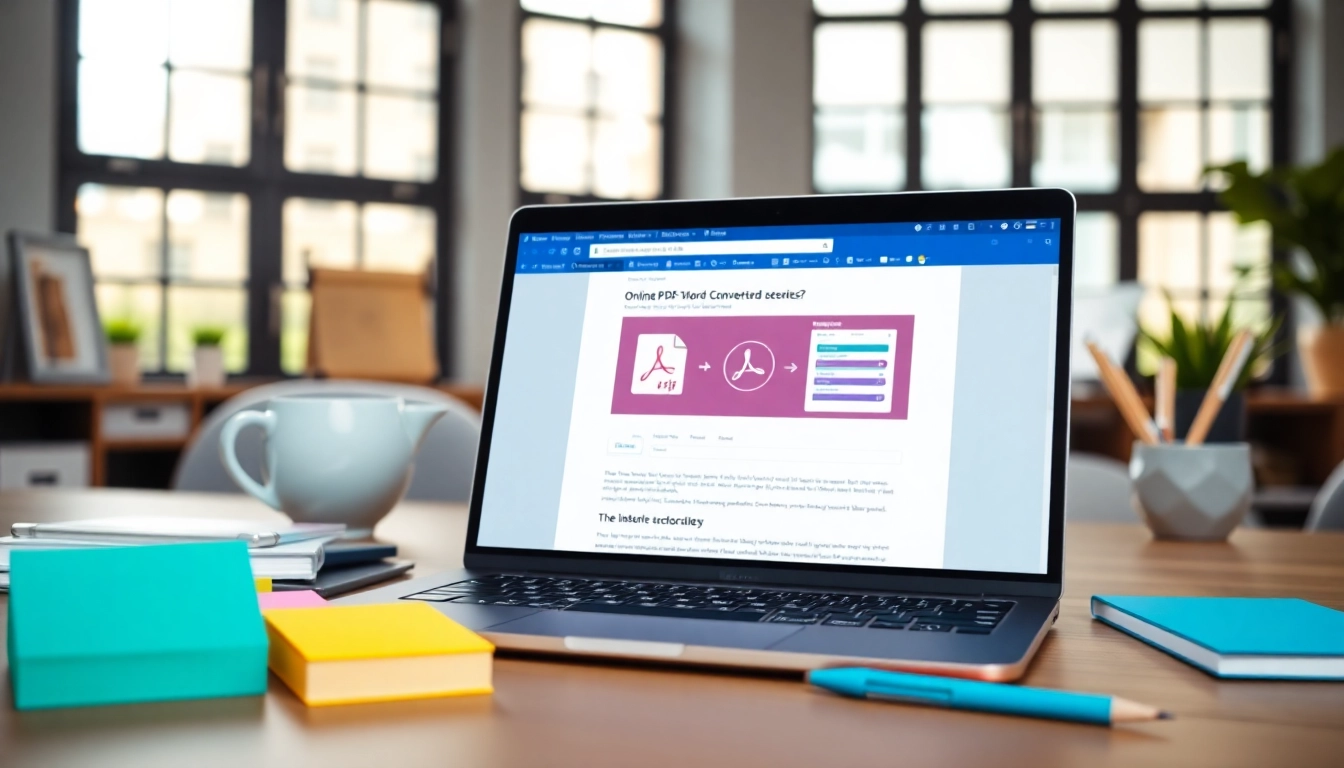 Convert PDF documents to Word using a user-friendly pdf to word converter interface displayed on a laptop.